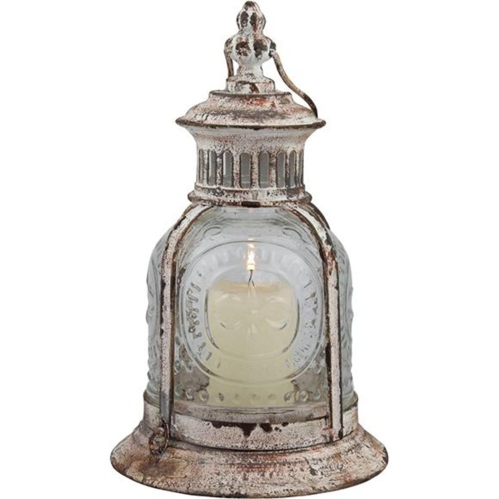 Antique White Metal Votive Candle Lantern with Handle